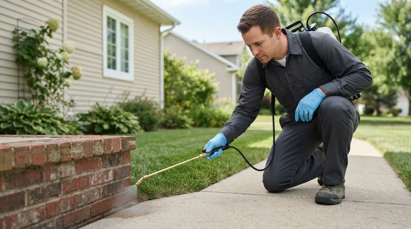 Pest control technician treating a home near Kinde, MI