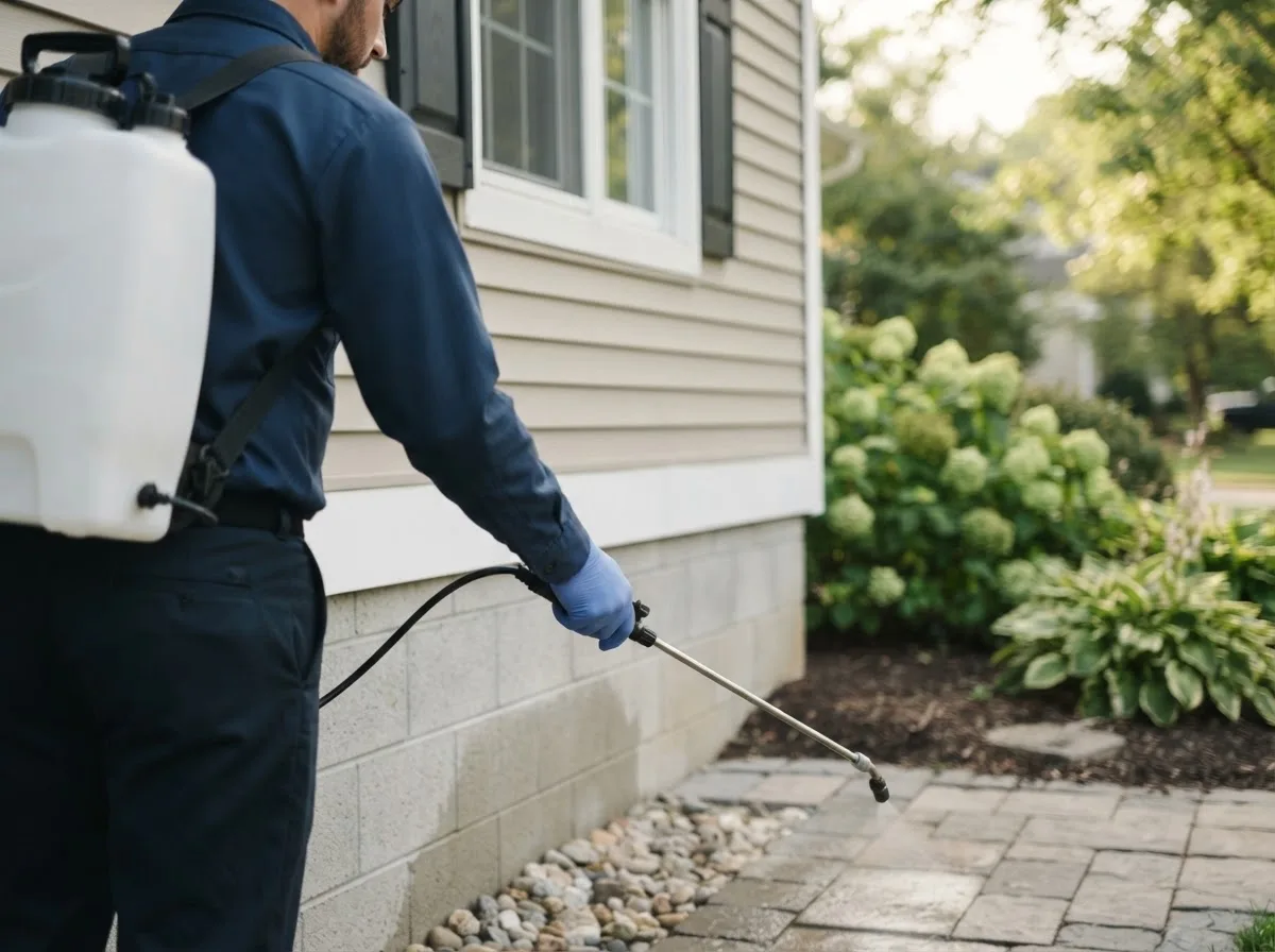 Pest control technician inspecting a home in Kinde, MI